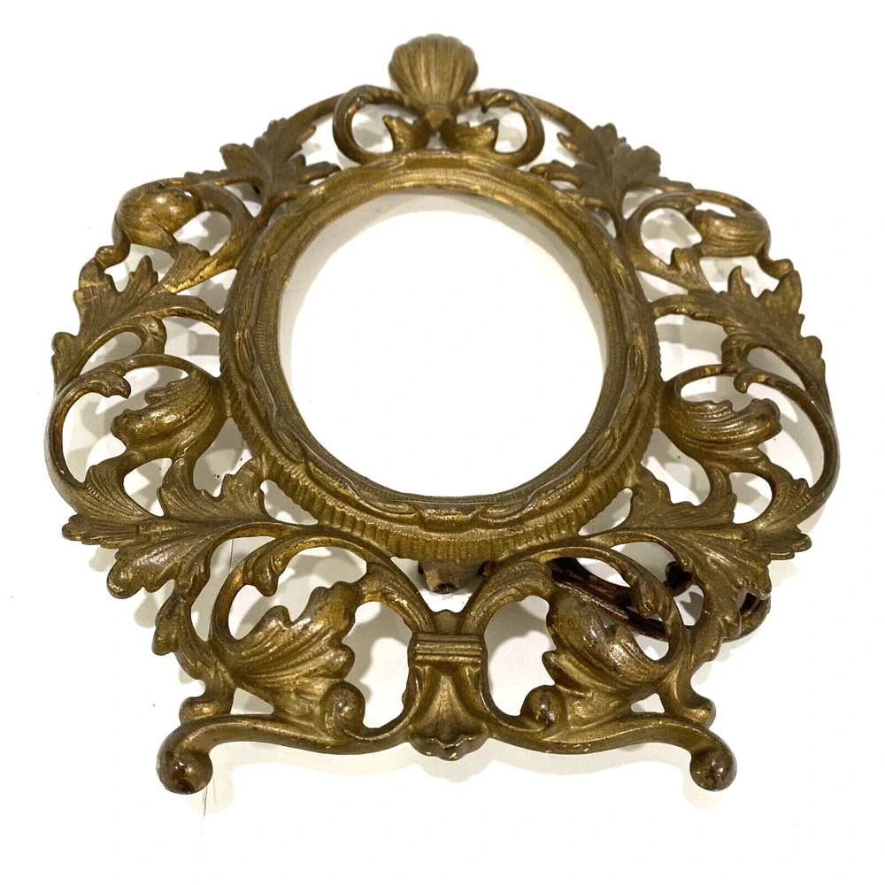 Vintage Cast Metal Frame Ornate Portrait Photo Holder Gold Victorian Oval FLAW